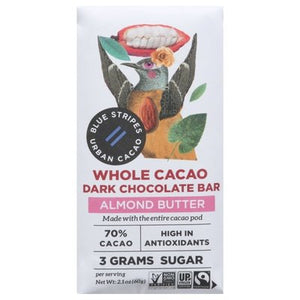 Blue Stripes Chocolate Bar Dark Whole Cacao Almond Butter 12/2.1 OZ [UNFI-CARLISLE #2865533] [ebt]