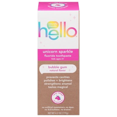 Hello Products Toothpaste Fluoride Unicorn Sparkle Bubble Gum Kids Ages 2+ 1/4.2 OZ [UNFI-CARLISLE #2709574] T