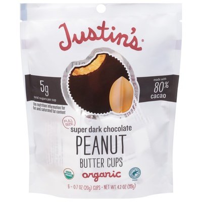 Justins Peanut Butter Cups Organic Super Dark Chocolate Full Size Og2 6/4.2 OZ [UNFI #2763878] [ebt]
